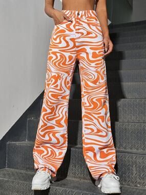 Shein Icon High Waisted Orange White Groovy Jeans Women's 6 US 3529